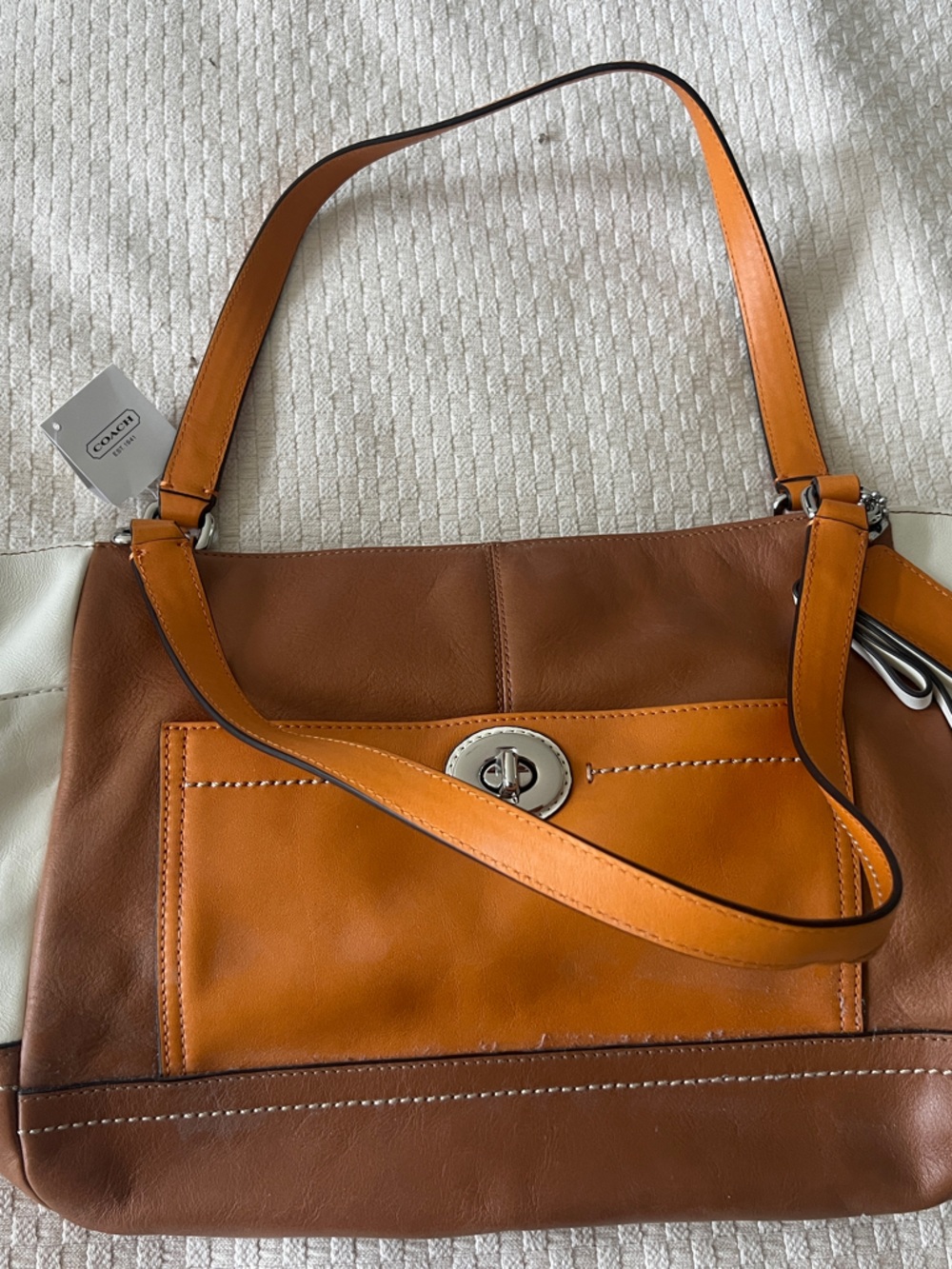 Coach Colorblock Leather Shoulder Bag in Brown, Tan & Cream